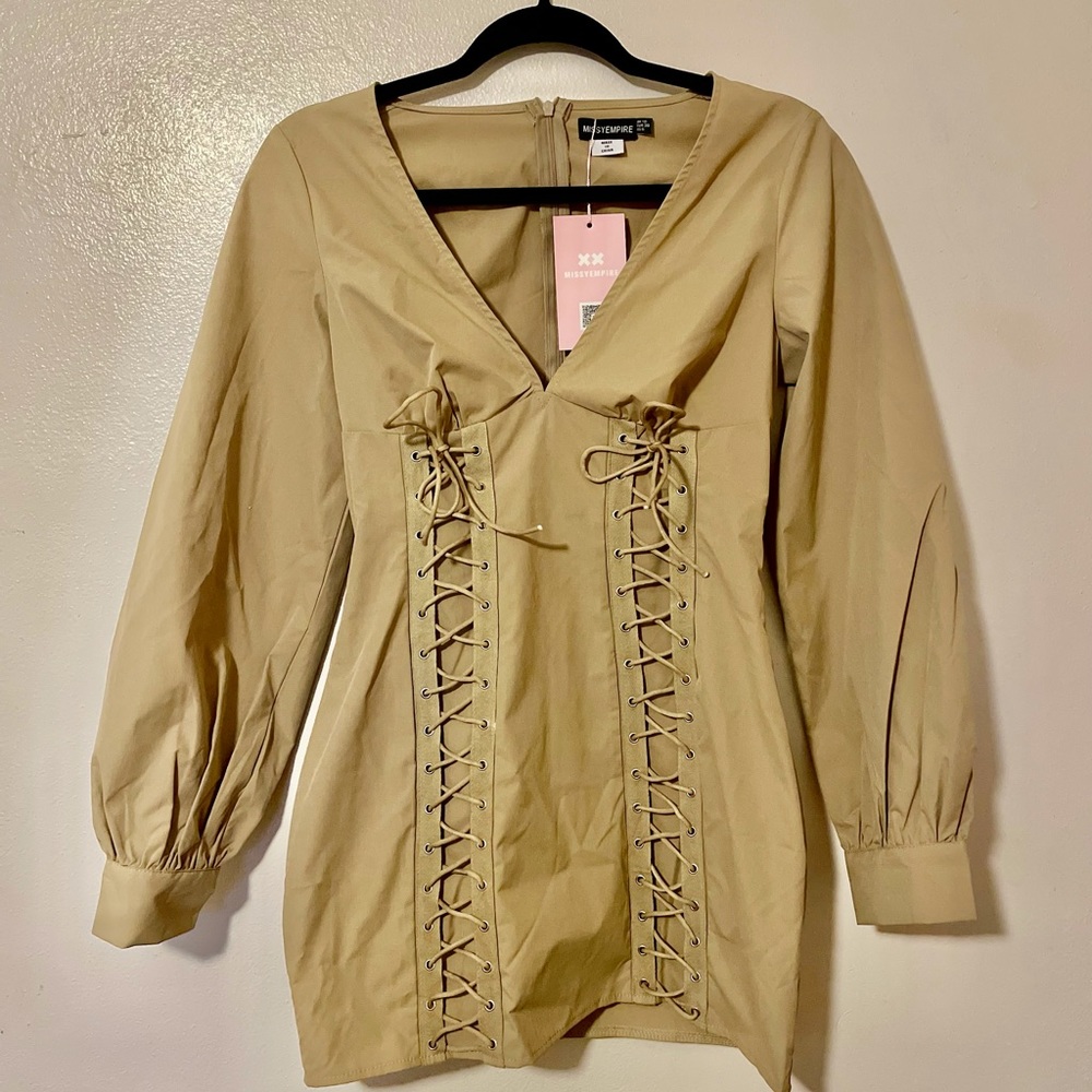 Tan Lace-Up Midi Dress